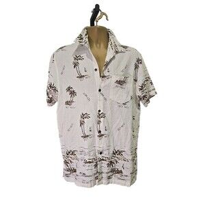 Vintage Key West Mens XL Hawaiian Button Up Shirt Pocket Cream Brown Tropical